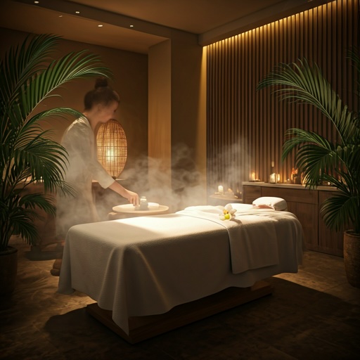 Salle de soin spa avec pierres chaudes et lumière douce